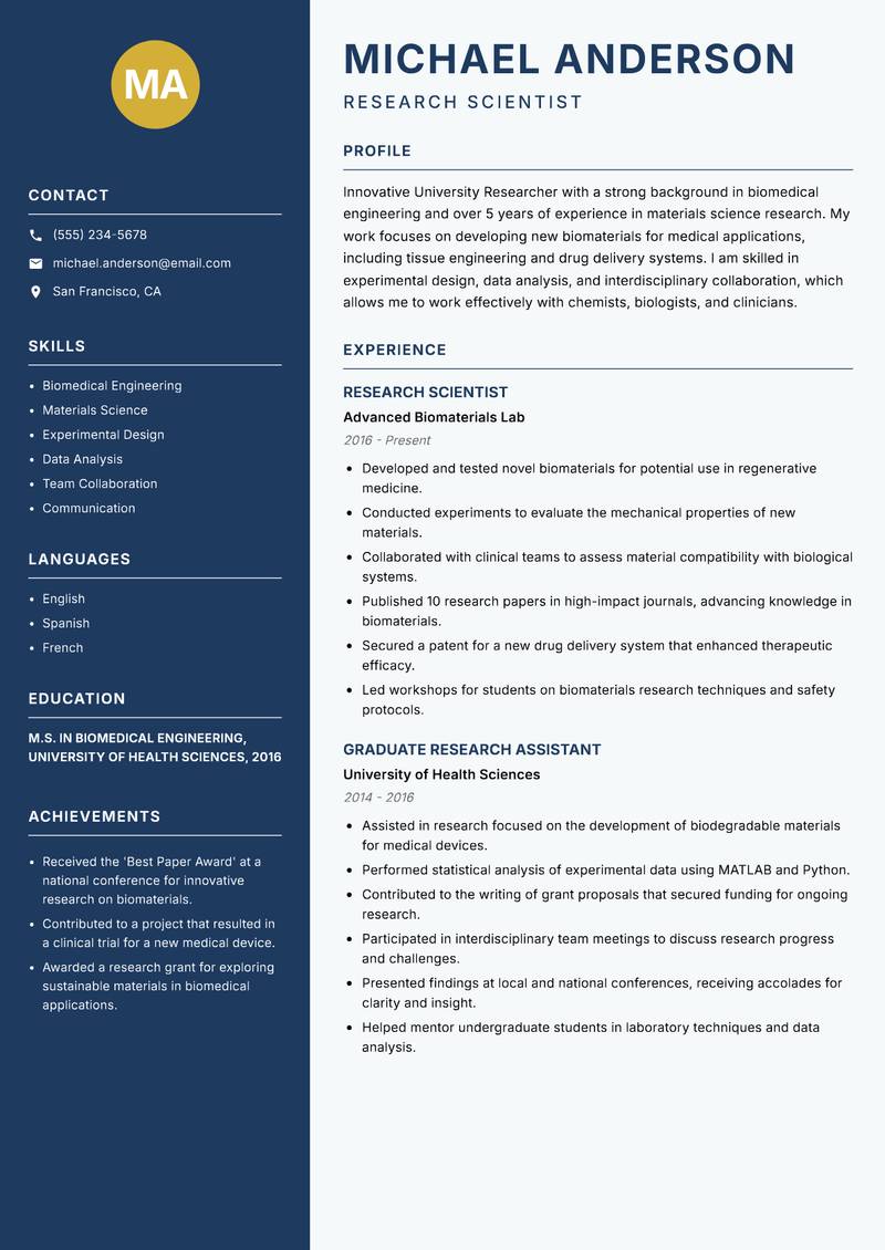 University Researcher resume template — Classic Clean