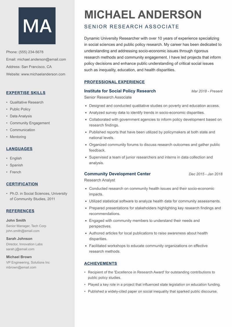University Researcher resume template — Creative Minimal