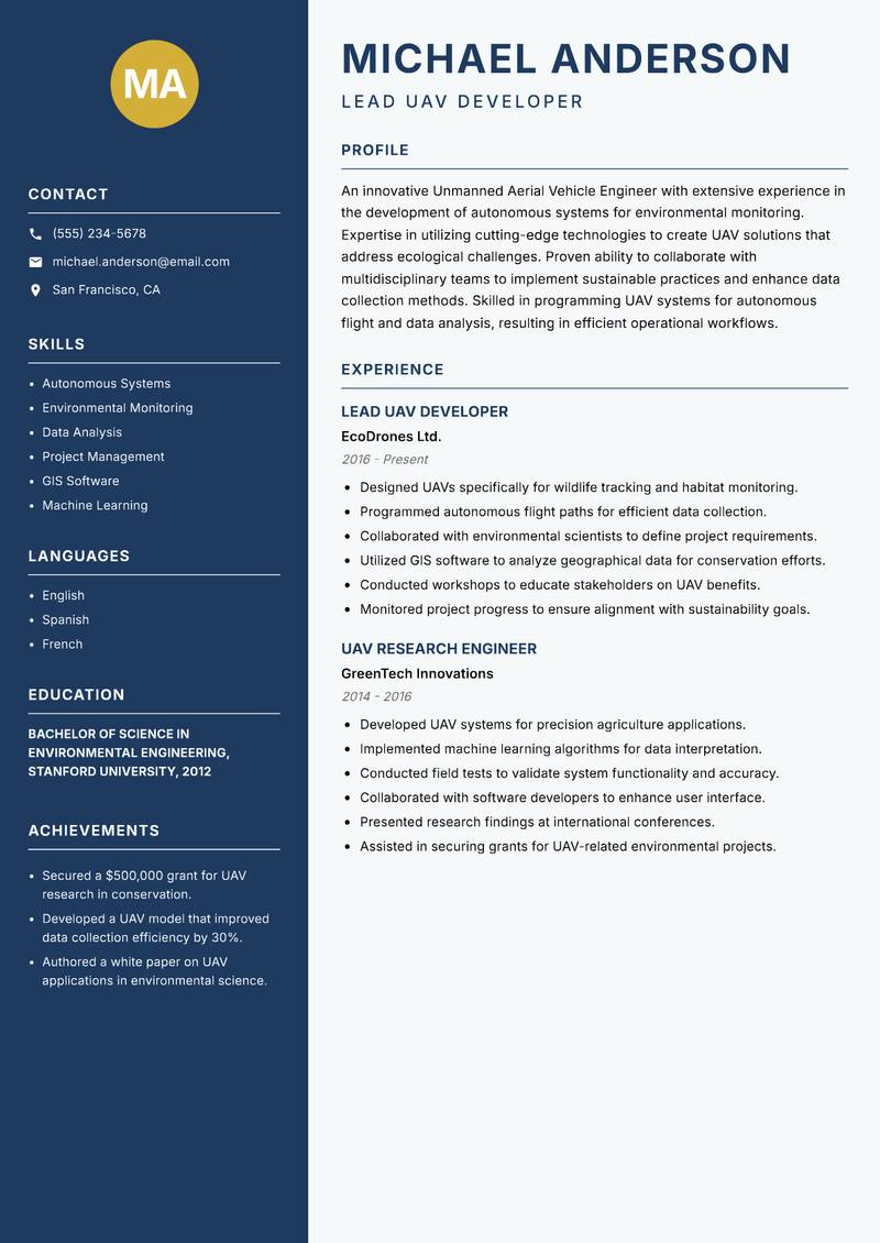 Unmanned Aerial Vehicle Engineer resume template — Classic Clean
