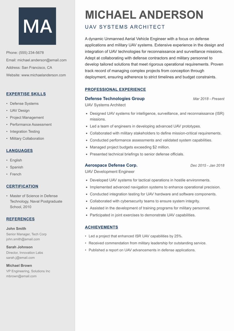 Unmanned Aerial Vehicle Engineer resume template — Creative Minimal