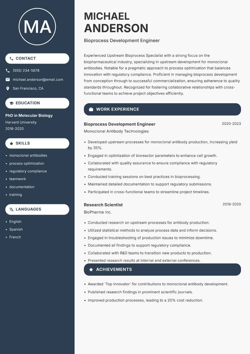 Upstream Bioprocess Specialist resume template — Compact