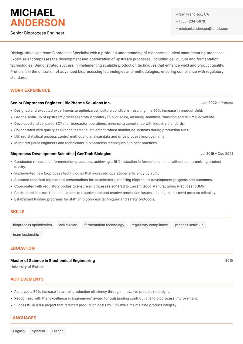 Upstream Bioprocess Specialist resume template — Modern Professional