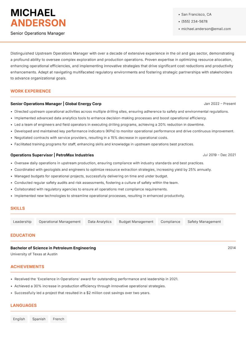 Upstream Operations Manager resume template — Modern Professional