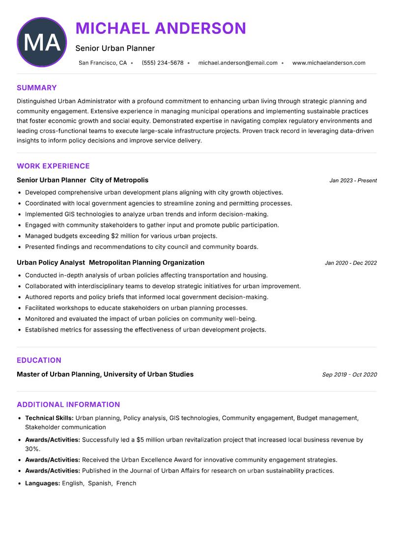 Urban Administrator resume example — ATS-friendly template