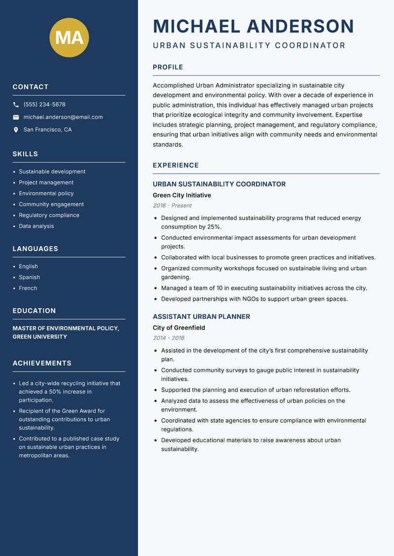 Urban Administrator resume template — Classic Clean