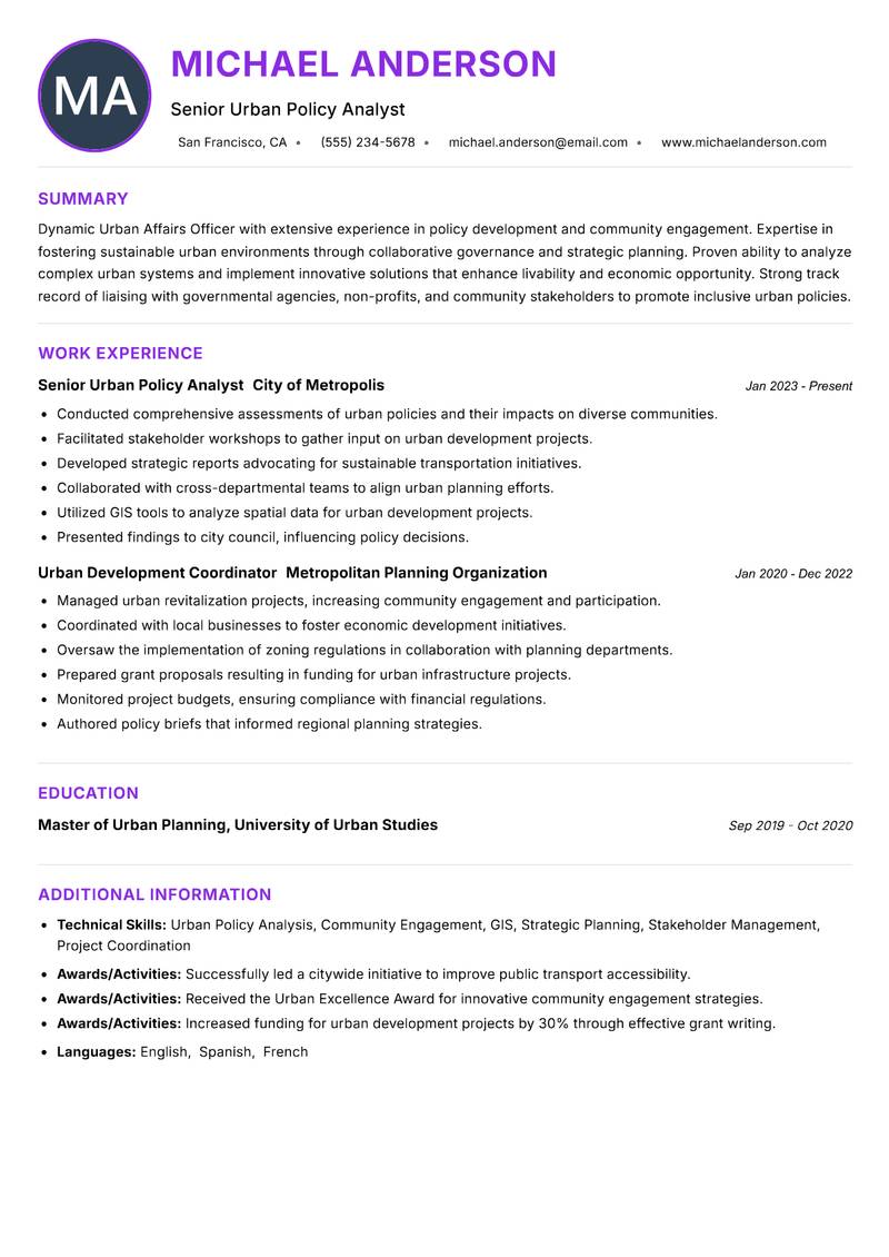 Urban Affairs Officer resume example — ATS-friendly template