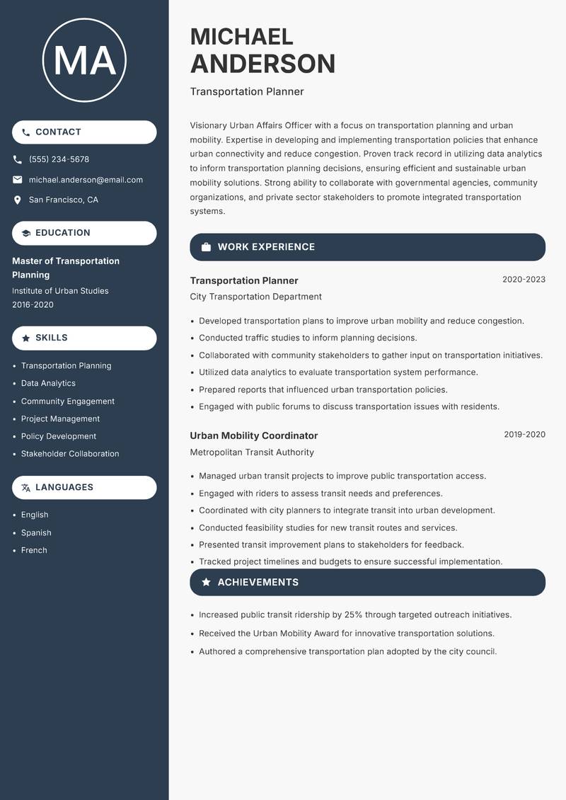 Urban Affairs Officer resume template — Compact