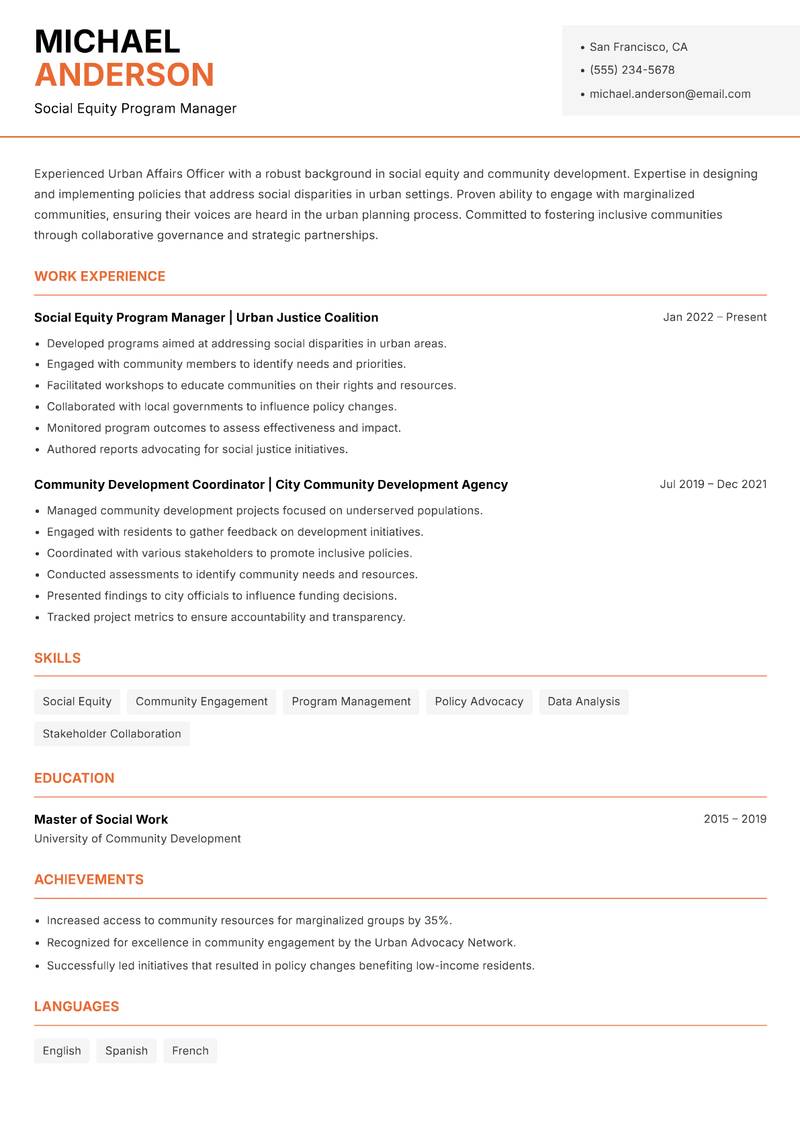 Urban Affairs Officer resume template — Modern Professional