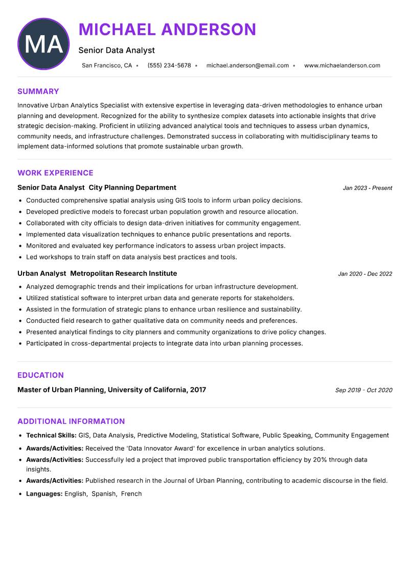 Urban Analytics Specialist resume example — ATS-friendly template