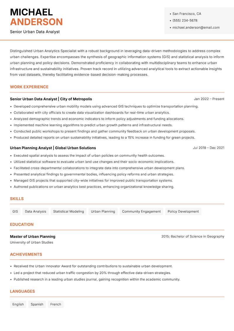 Urban Analytics Specialist resume template — Modern Professional
