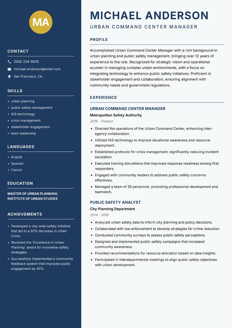 Urban Command Center Manager resume template — Classic Clean