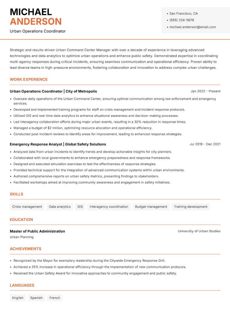 Urban Command Center Manager resume template — Modern Professional