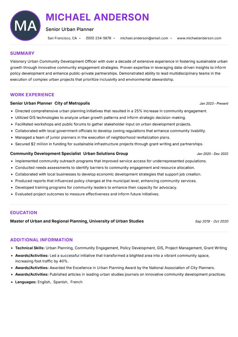 Urban Community Development Officer resume example — ATS-friendly template