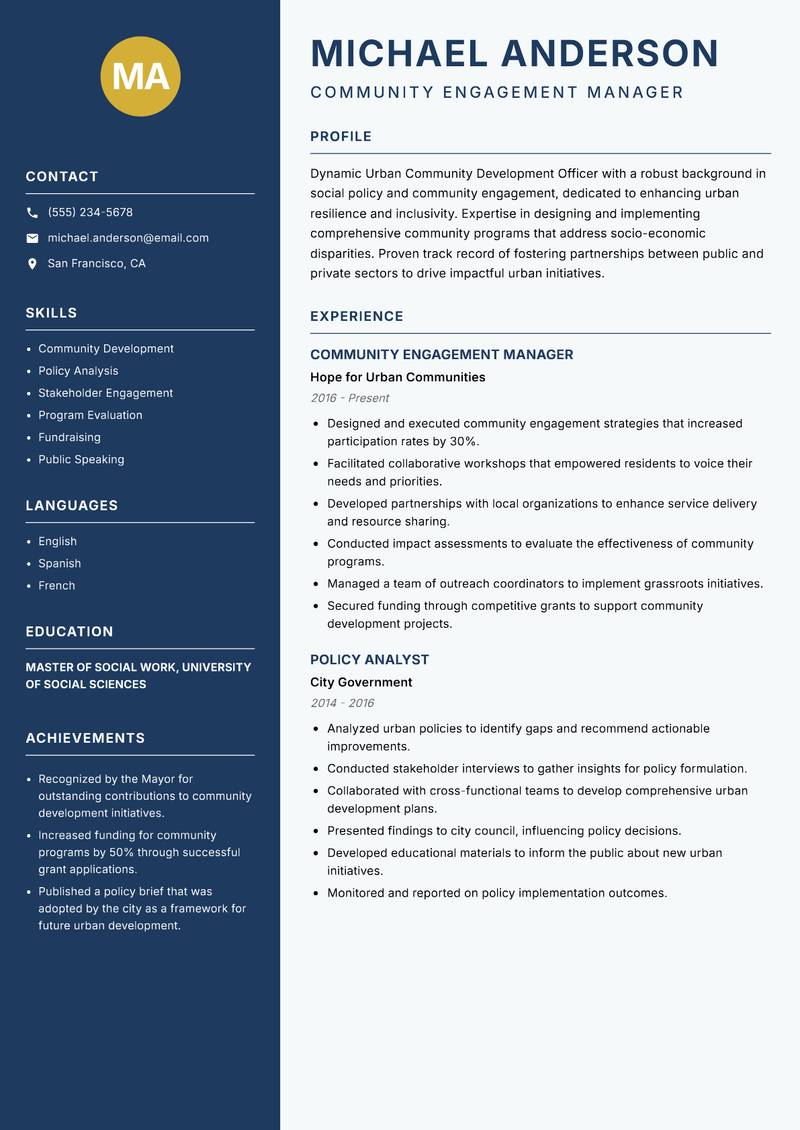 Urban Community Development Officer resume template — Classic Clean