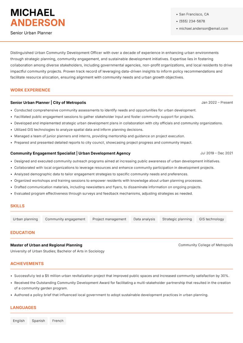 Urban Community Development Officer resume template — Modern Professional