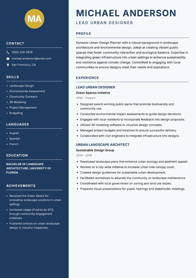 Urban Design Planner resume template — Classic Clean