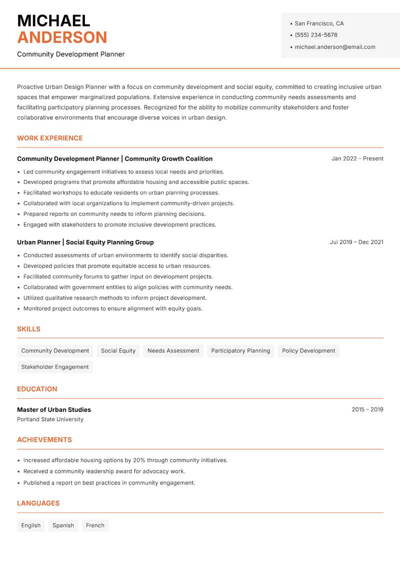 Urban Design Planner resume template — Modern Professional