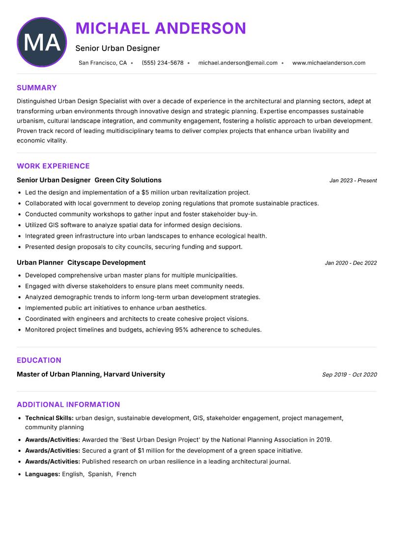 Urban Design Specialist resume example — ATS-friendly template