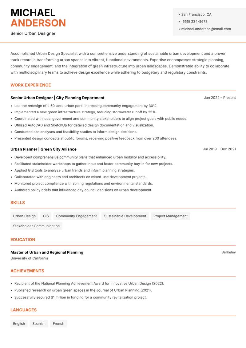 Urban Design Specialist resume template — Modern Professional
