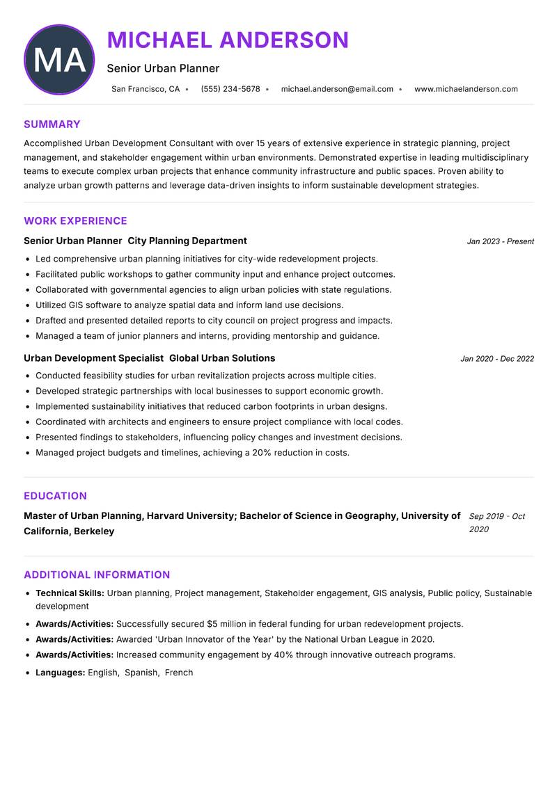 Urban Development Consultant resume example — ATS-friendly template
