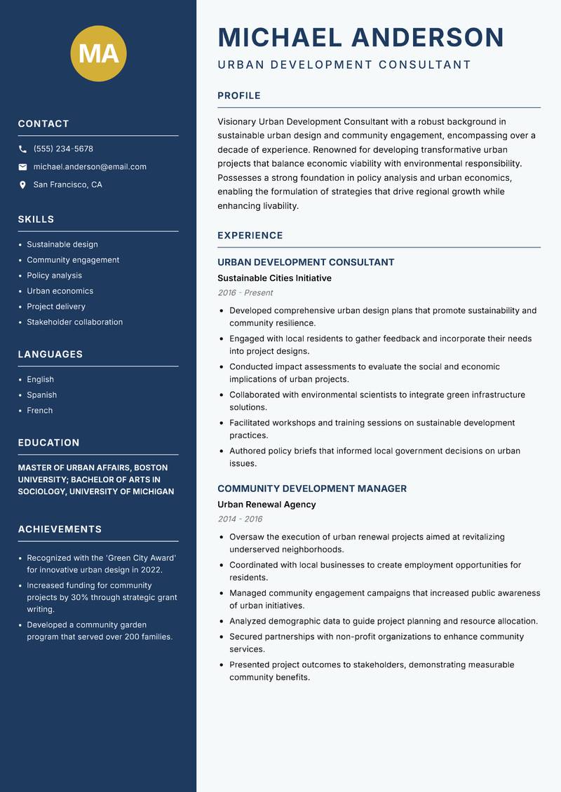 Urban Development Consultant resume template — Classic Clean