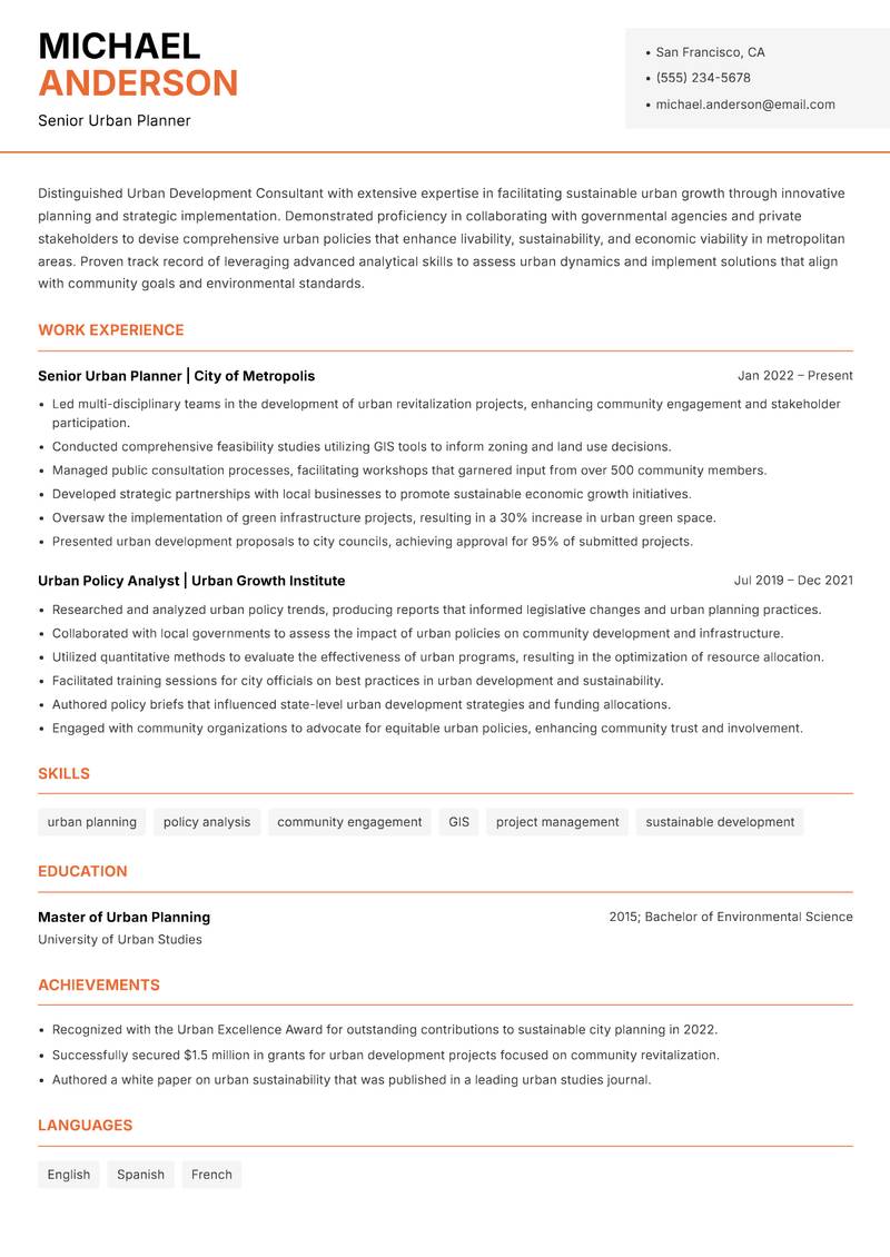 Urban Development Consultant resume template — Modern Professional