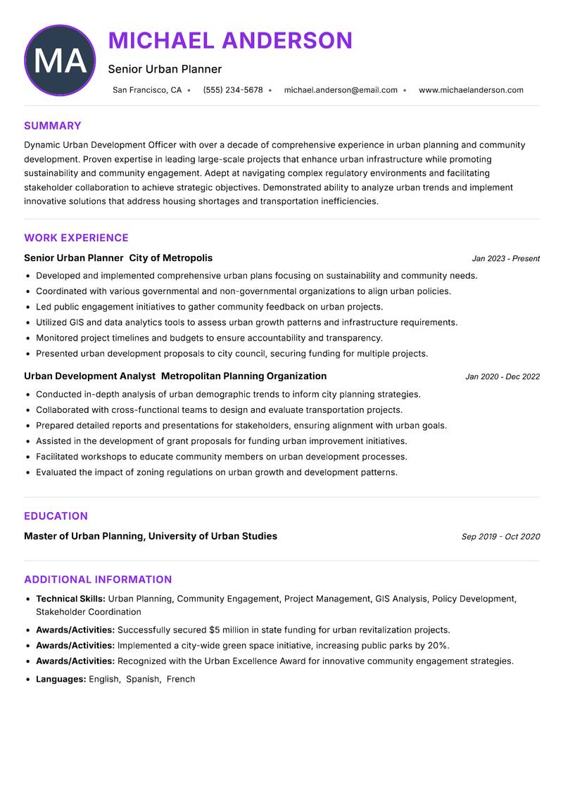 Urban Development Officer resume example — ATS-friendly template