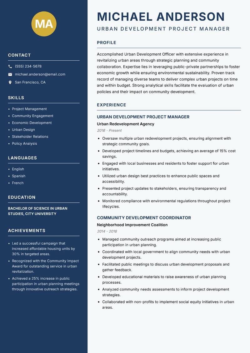 Urban Development Officer resume template — Classic Clean