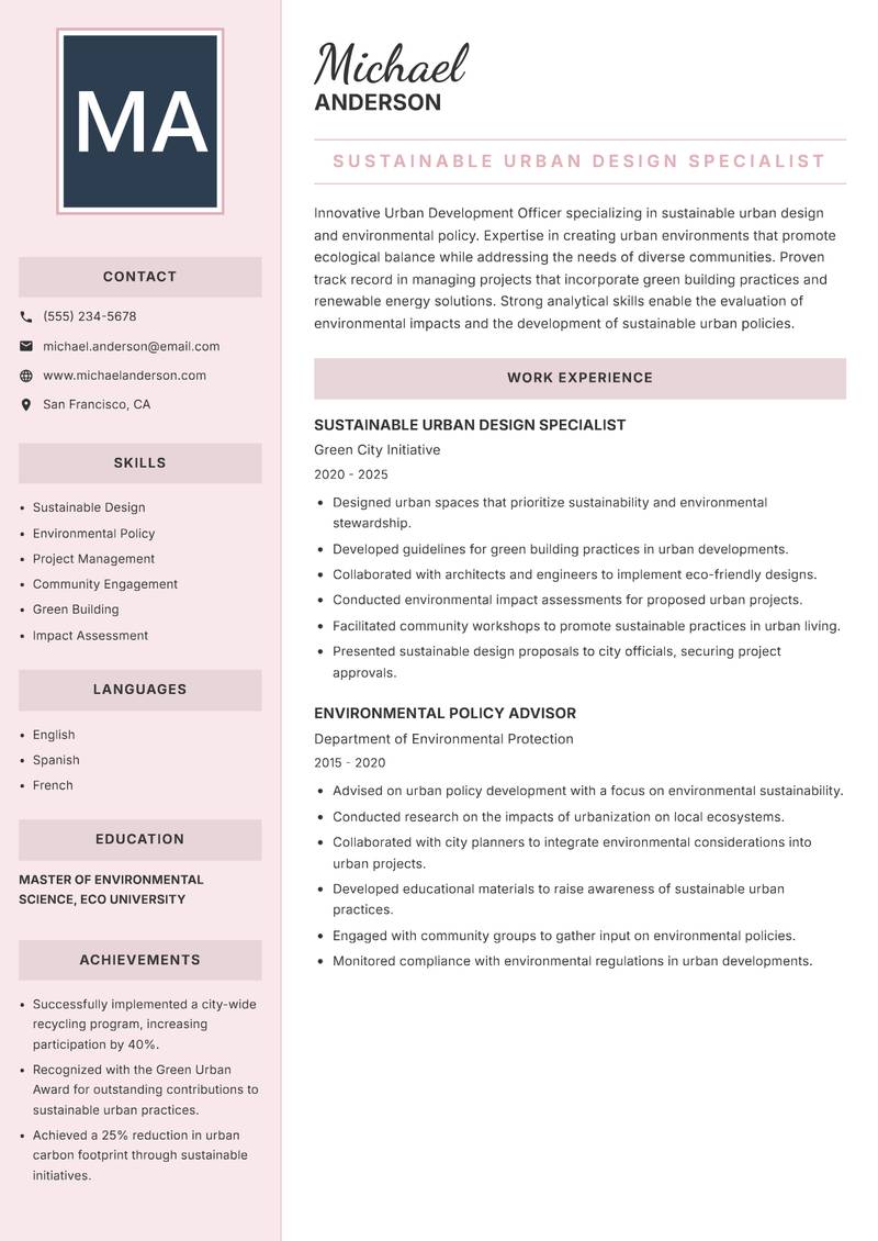 Urban Development Officer resume template — Executive