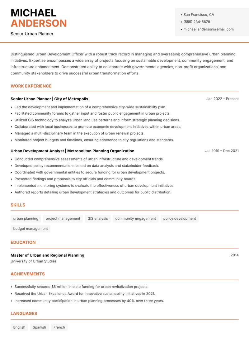 Urban Development Officer resume template — Modern Professional