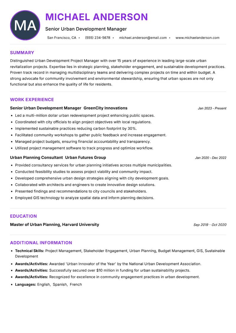 Urban Development Project Manager resume example — ATS-friendly template