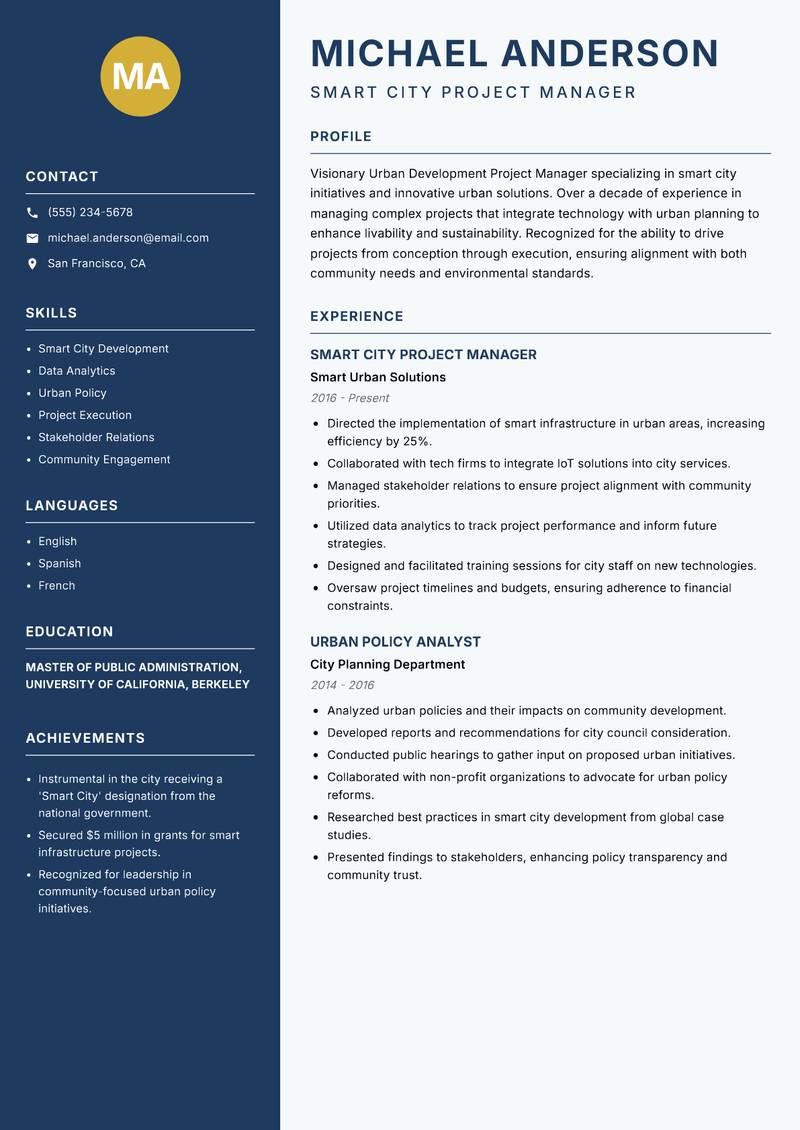 Urban Development Project Manager resume template — Classic Clean