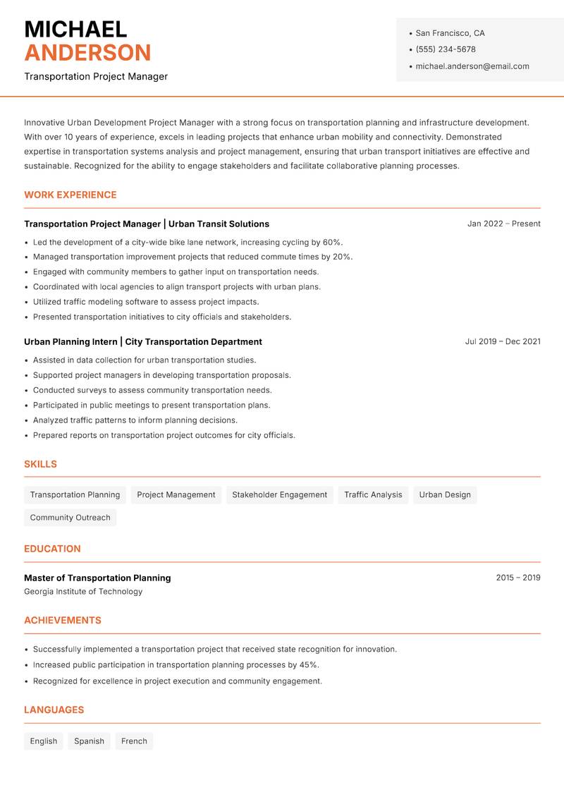 Urban Development Project Manager resume template — Modern Professional