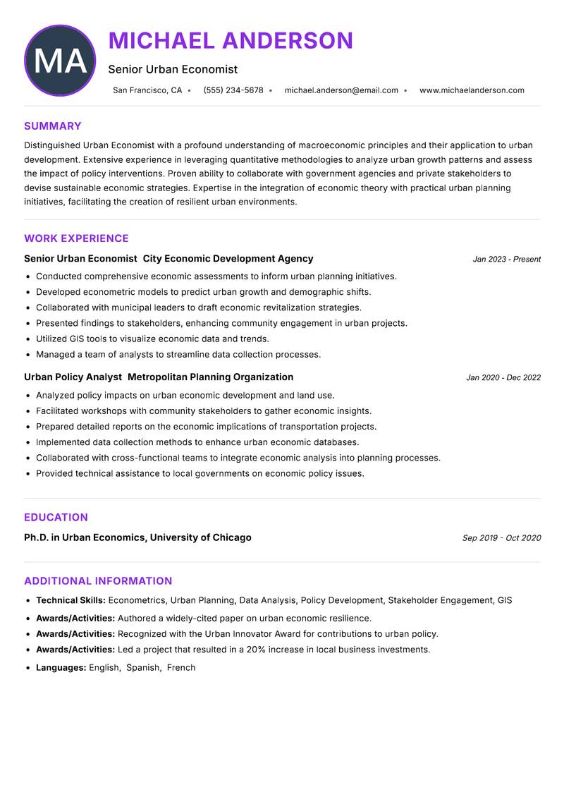 Urban Economist resume example — ATS-friendly template