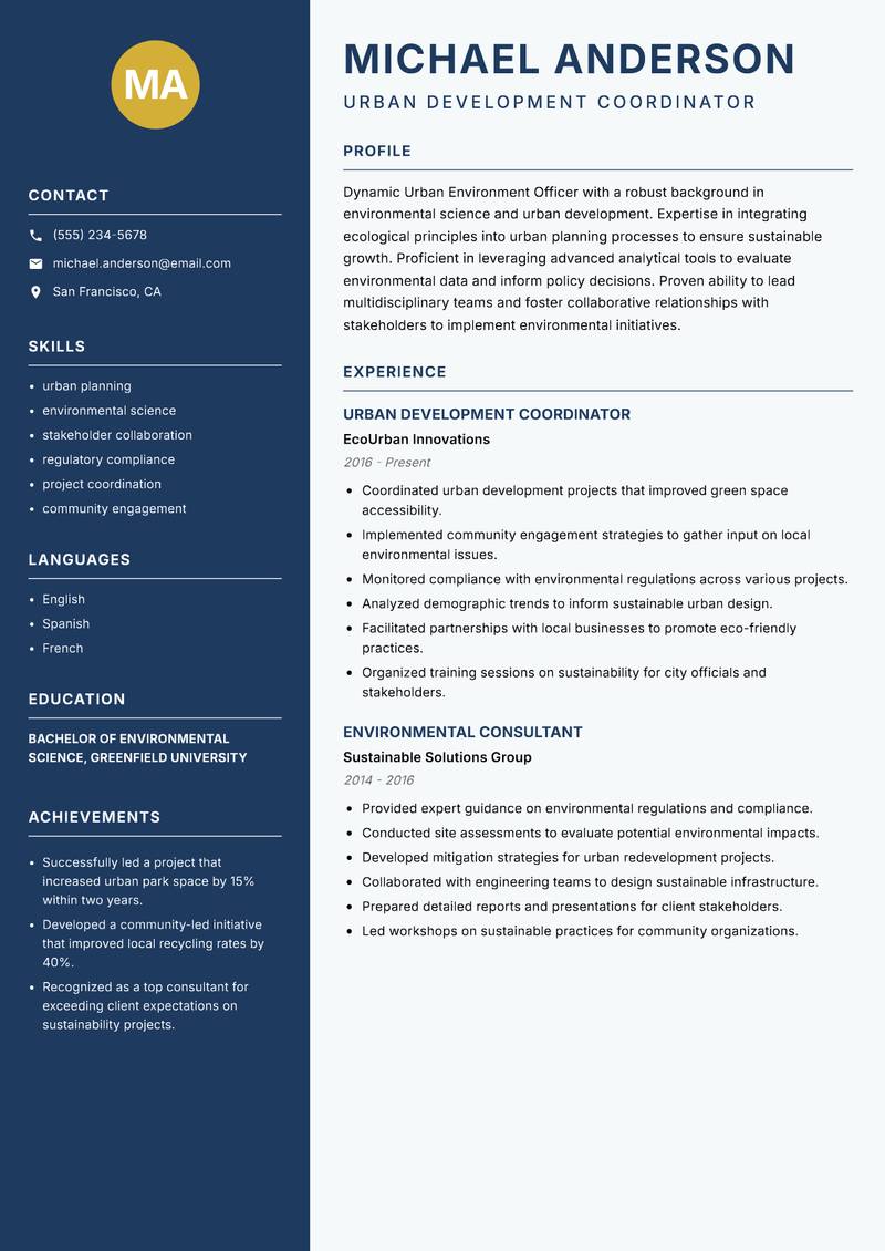 Urban Environment Officer resume template — Classic Clean