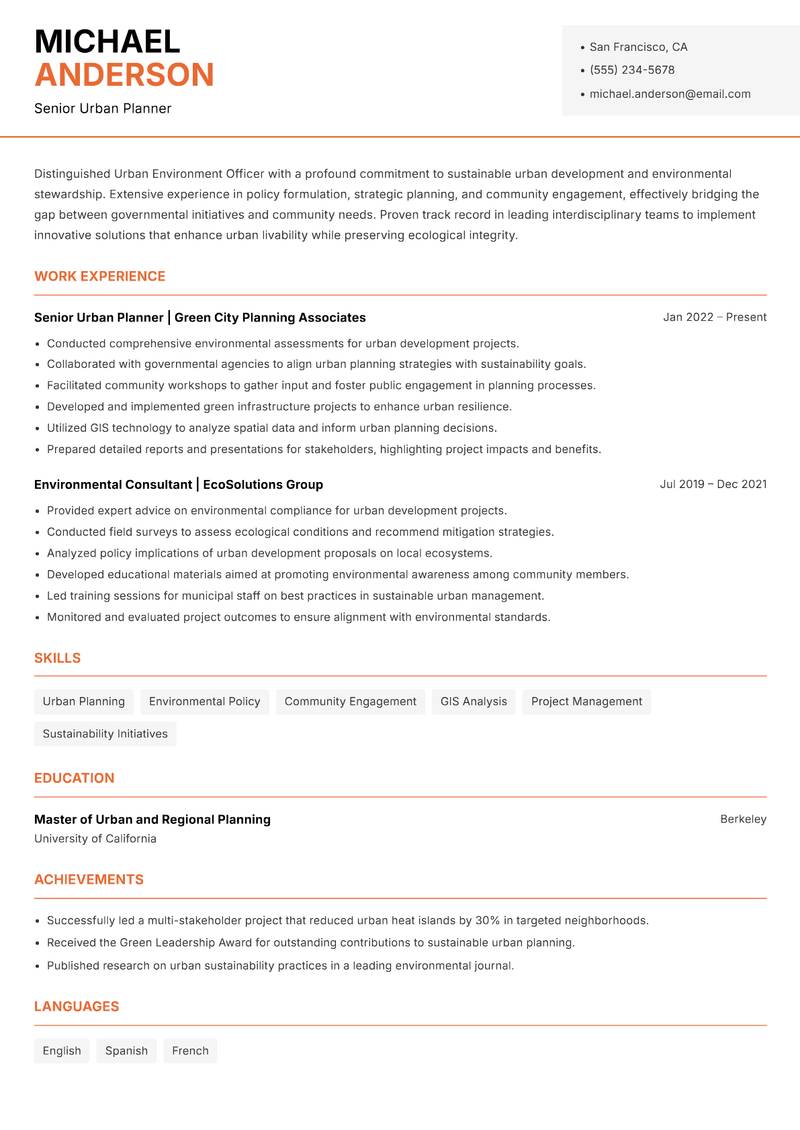 Urban Environment Officer resume template — Modern Professional