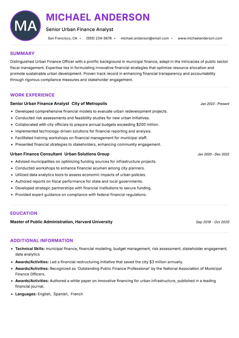 Urban Finance Officer resume example — ATS-friendly template