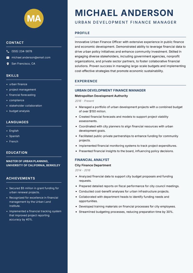 Urban Finance Officer resume template — Classic Clean