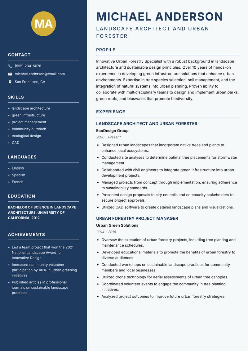 Urban Forestry Specialist resume template — Classic Clean