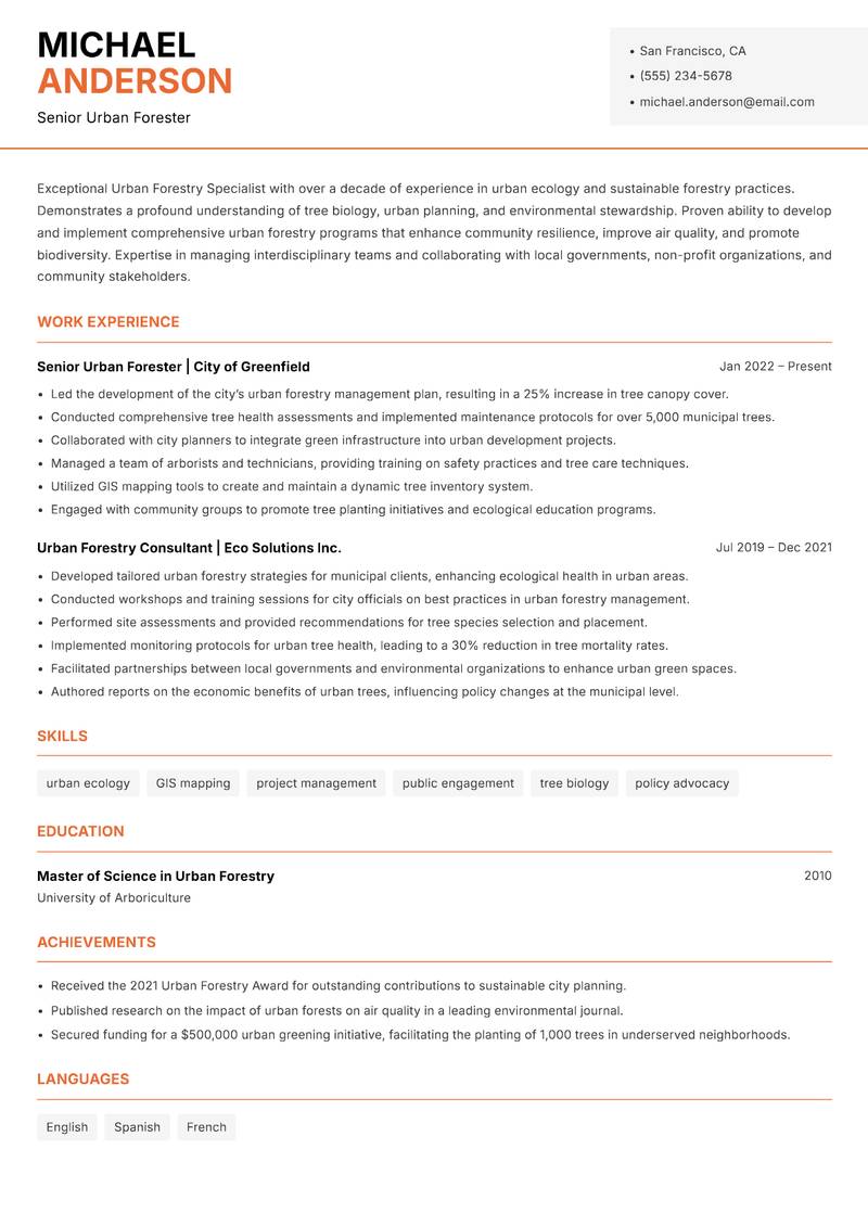 Urban Forestry Specialist resume template — Modern Professional