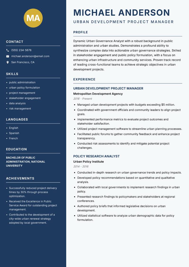 Urban Governance Analyst resume template — Classic Clean