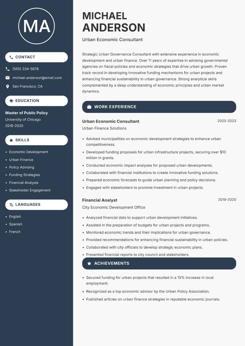Urban Governance Consultant resume template — Compact
