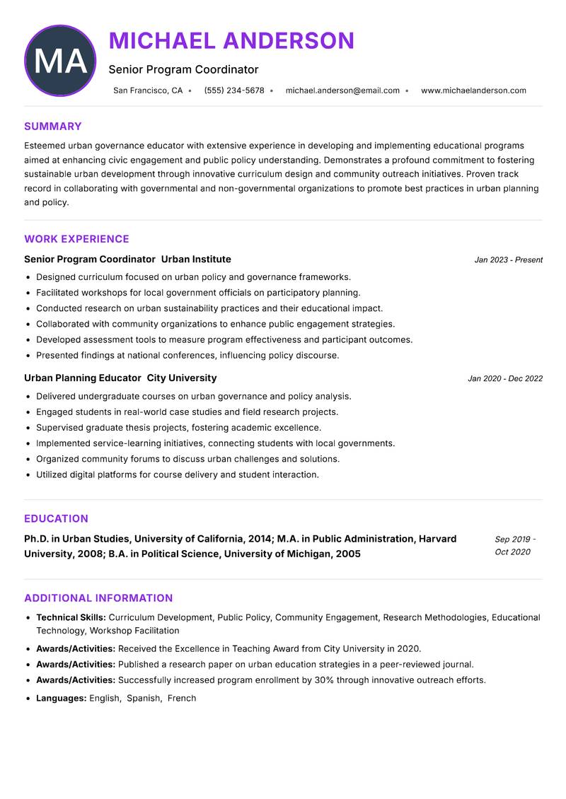Urban Governance Educator resume example — ATS-friendly template