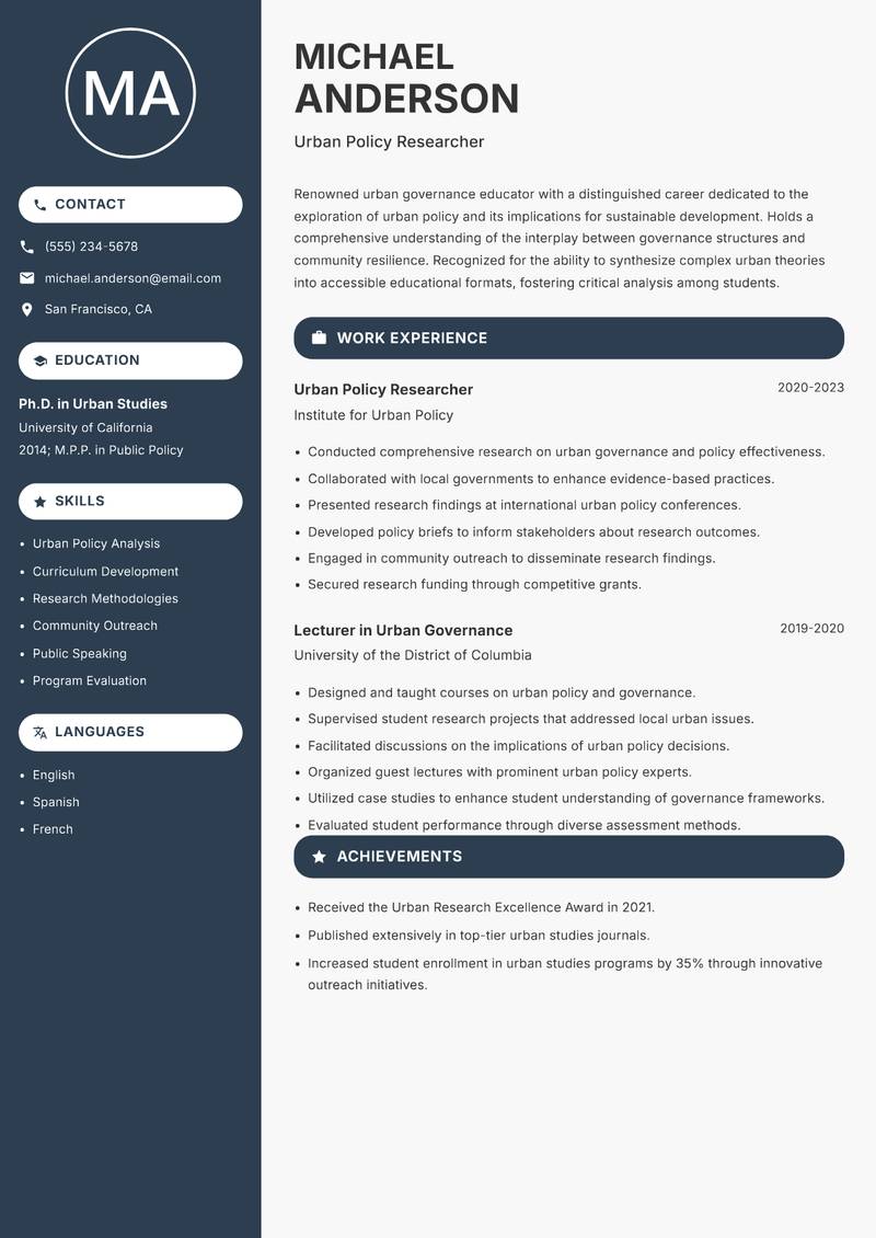 Urban Governance Educator resume template — Compact