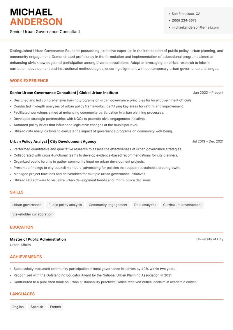 Urban Governance Educator resume template — Modern Professional
