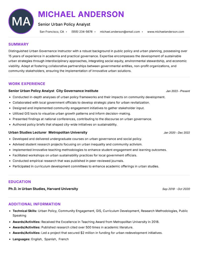 Urban Governance Instructor resume example — ATS-friendly template