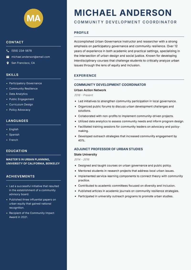Urban Governance Instructor resume template — Classic Clean