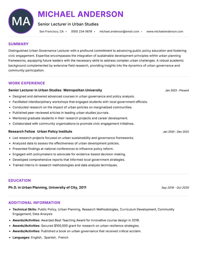 Urban Governance Lecturer resume example — ATS-friendly template