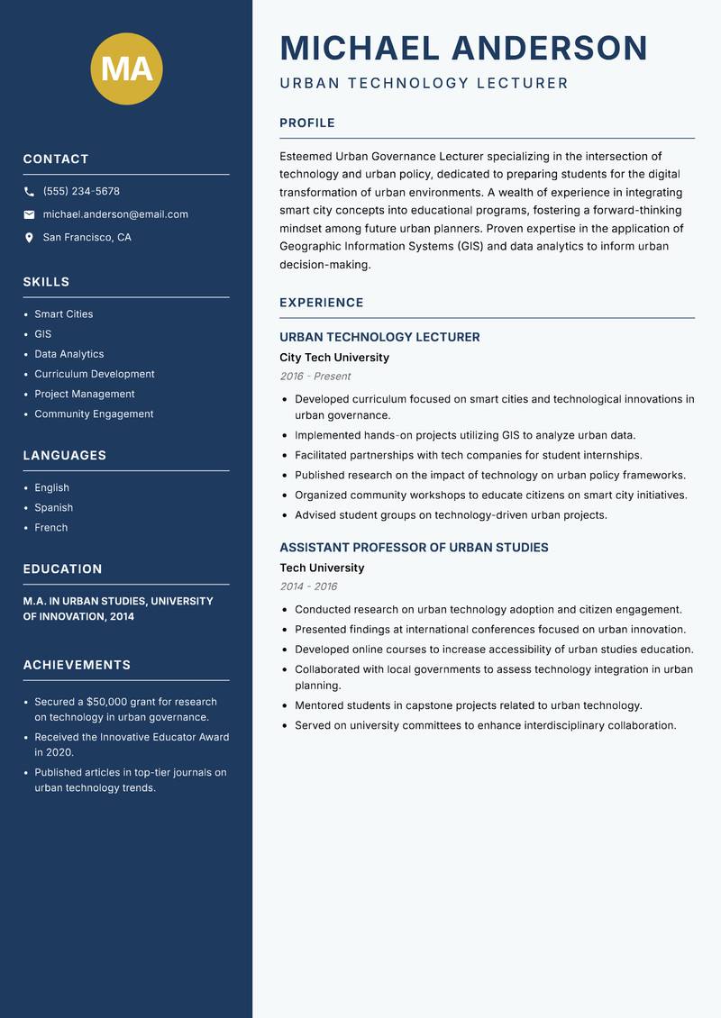 Urban Governance Lecturer resume template — Classic Clean