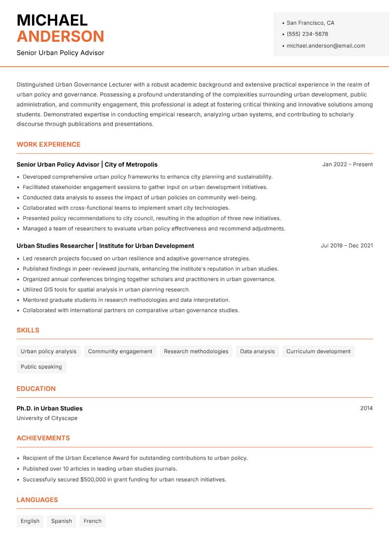 Urban Governance Lecturer resume template — Modern Professional